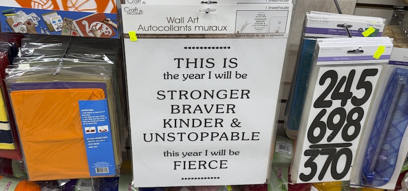 photo of the art section of my dollar store and in the center hanging is "wall art" decals that say "this is the year i will be stronger braver kinder & unstoppable this year i will be fierce"