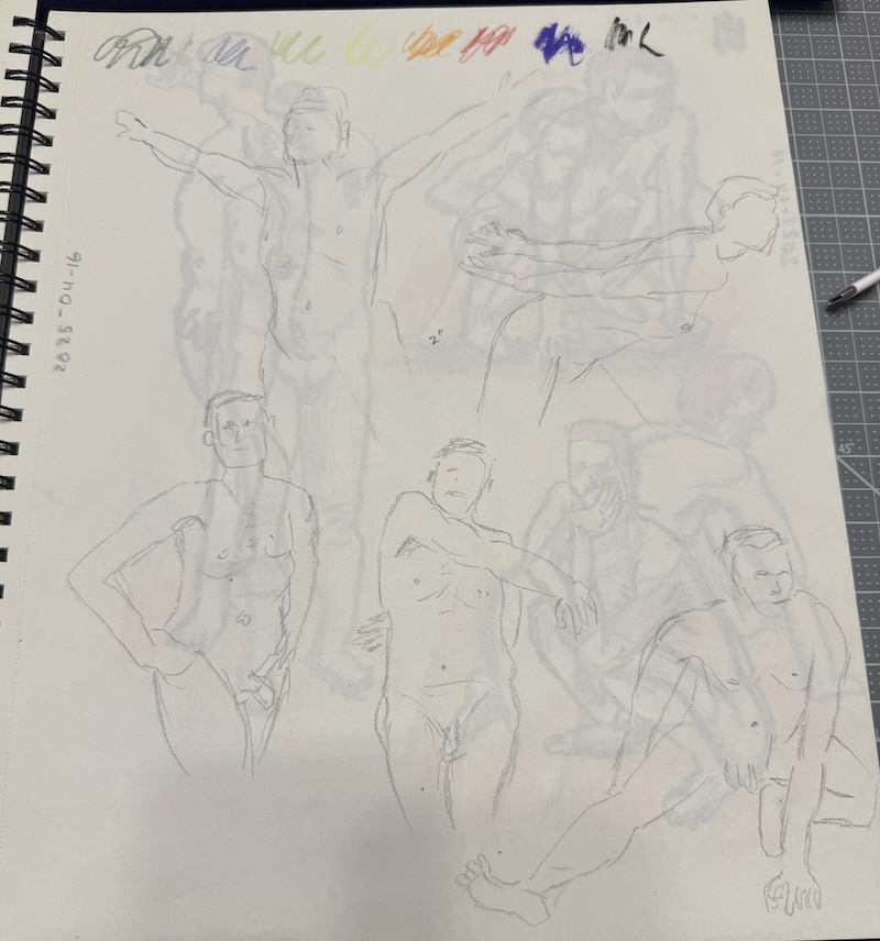 photo of my sketchbook showing the first page from my figure drawing session. there are 5 2-minute sketches graphite