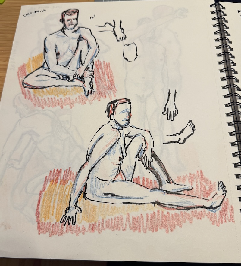 page 4 from my figure drawing session showing 2 10-minute poses drawn in black ink and red, blue and yellow colored pencil in seated poses