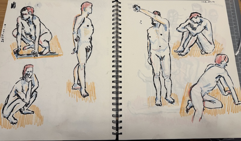 pages 2 and 3 from my figure drawing session showing 6 5-minute poses drawn in black ink and red, blue and yellow colored pencil in various poses