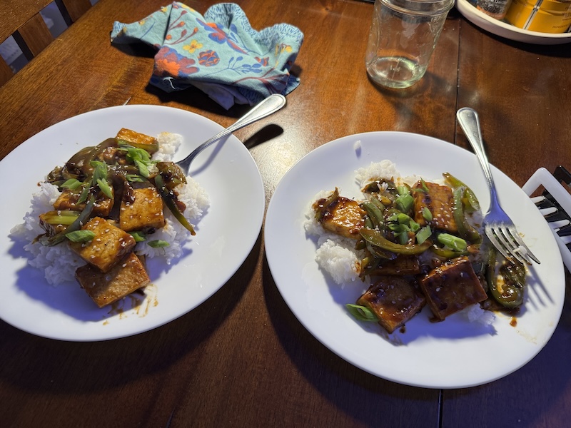 photo of two plates of braised tofu and bell pepper on rice i made for dinner