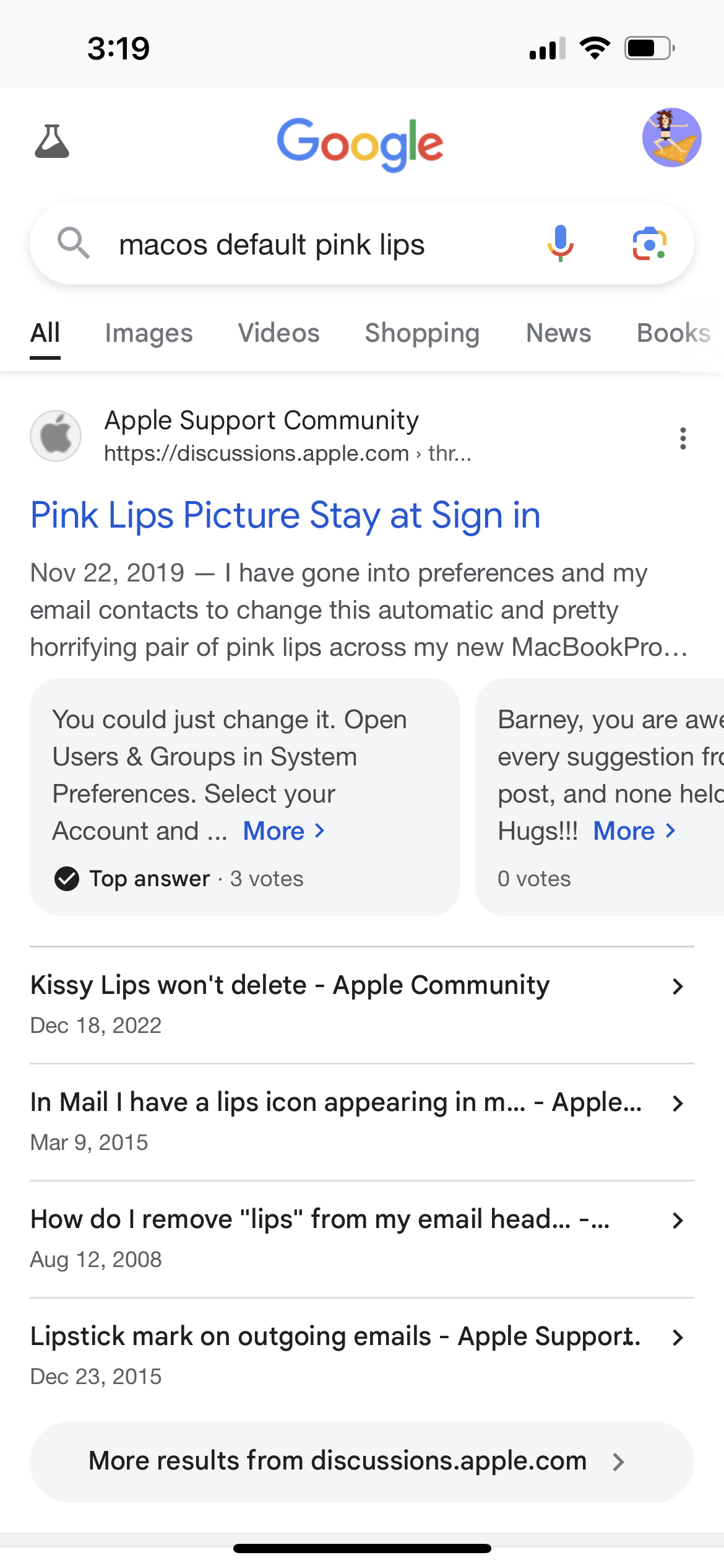 screenshot of my phone where i was googling "mac os default pink lips" and all of the results are forum posts from people desperate to remove the image as their default avatar, some calling them "horrifying pair of pink lips" and "kissy lips won't delete" which is where i got the title of this blog post