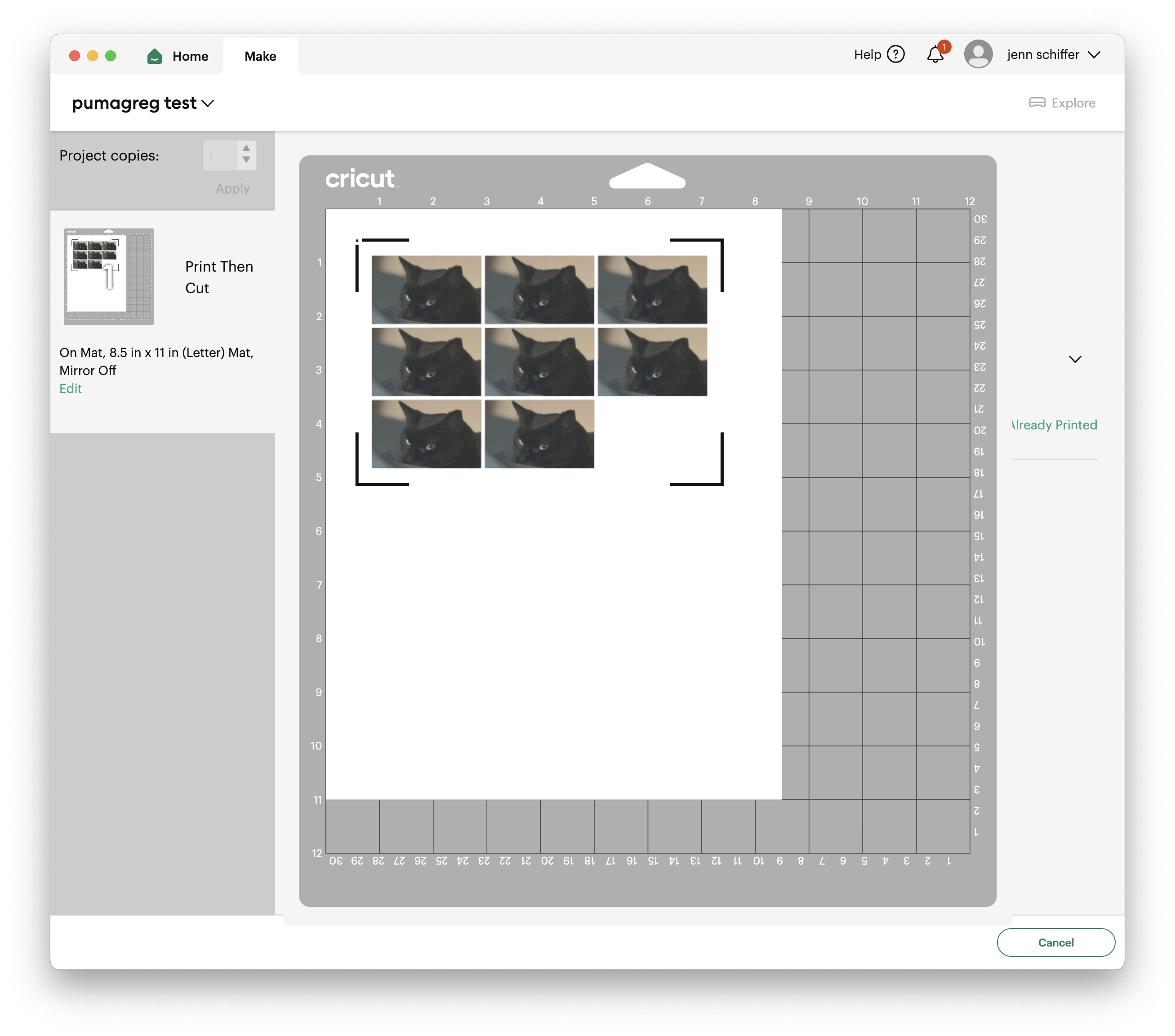 screenshot of my print preview in cricut design space, about to print 8 labels with pumagreg's face on it. there's a black outline (guidelines) around the labels