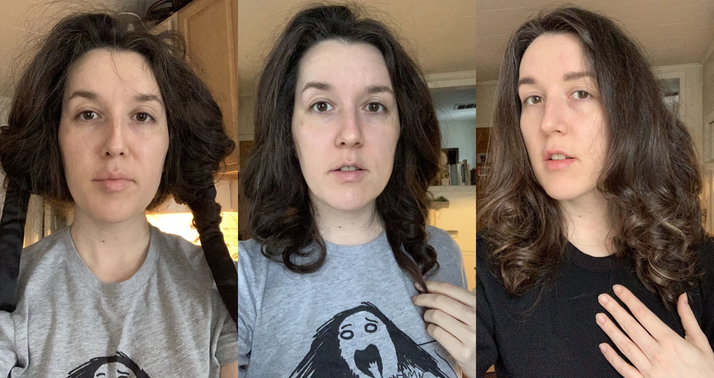 a three-photo panel i describe in the following paragraph, all after shots of me removing the curling rod