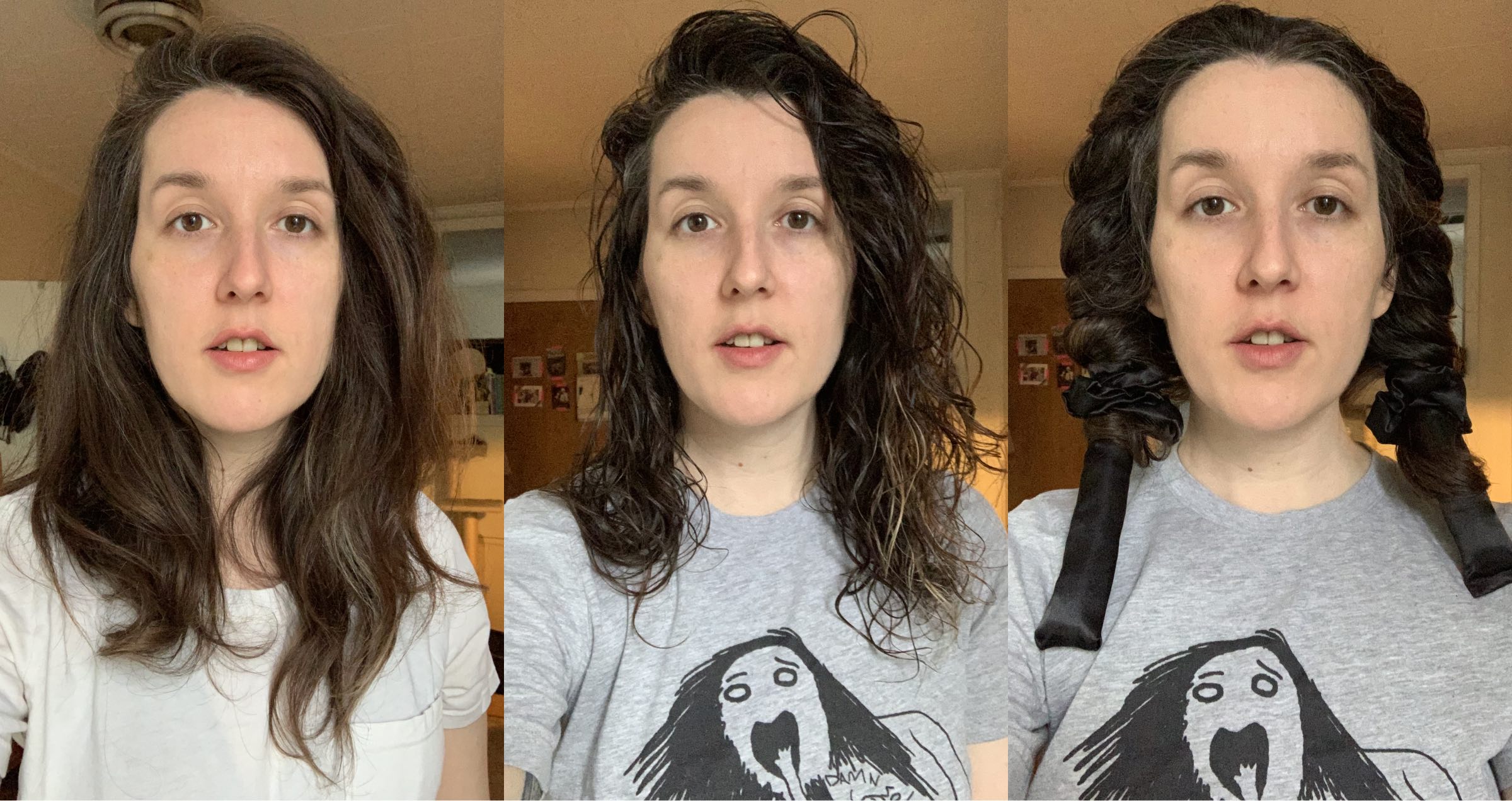 a three-photo panel i describe in the following paragraph, all before/during shots of me using the curling rod
