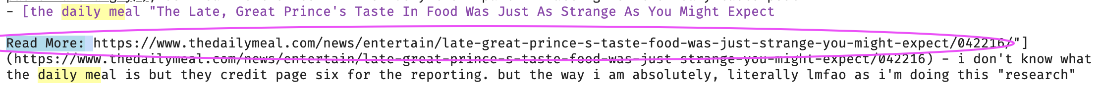 screenshot of my markdown code trying to link to the daily meal post but the code is broken because they added "read more:" followed by the url when i just wanted the title of the article