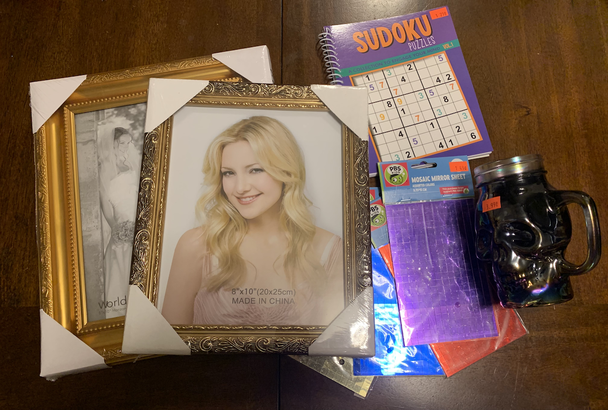 photo of my kitchen table with my dollar store items laid upon it, each of which i'm describing below