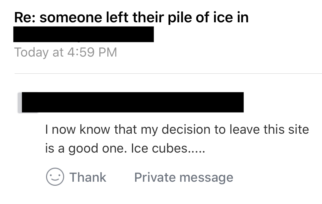 screenshot of nextdoor with the subject "Re: someone left their pile of ice in (redacted)" and a comment "i now know that my decision to leave this site is a good one. ice cubes....."