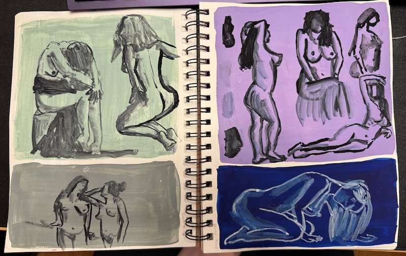 photo of my spiral sketchbook open to two pages of watercolor-on-gouache nude figure paintings. the background colors are pastel green, gray, purple, and cobalt blue