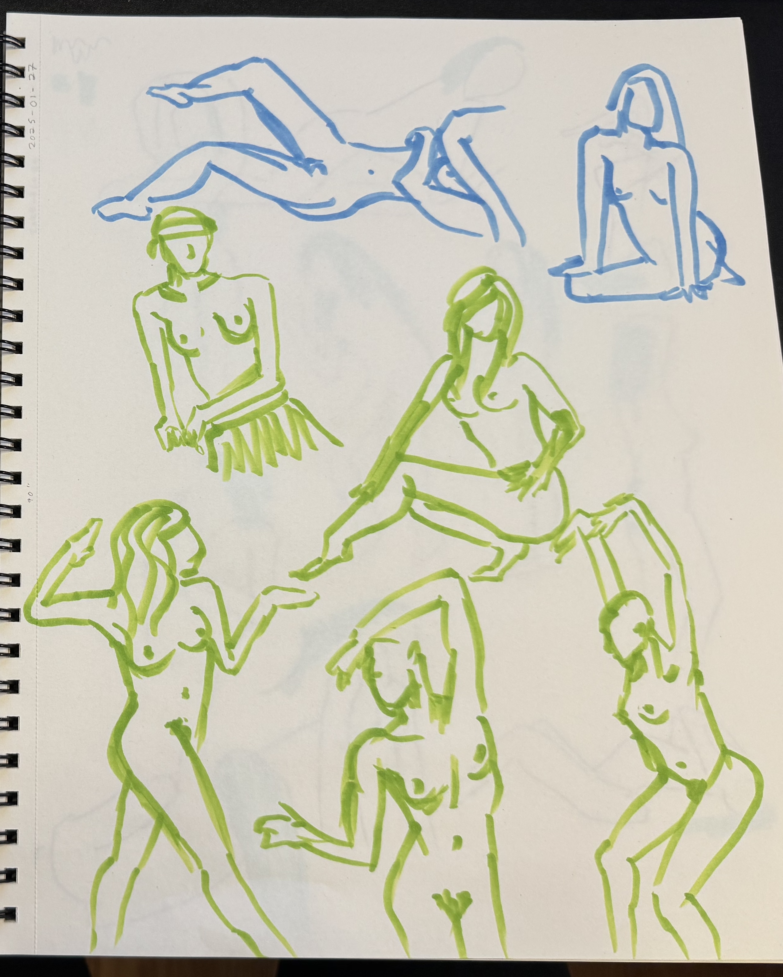 photo of my large sketchbook open to a page of quick figures drawn in blue and green alcohol marker