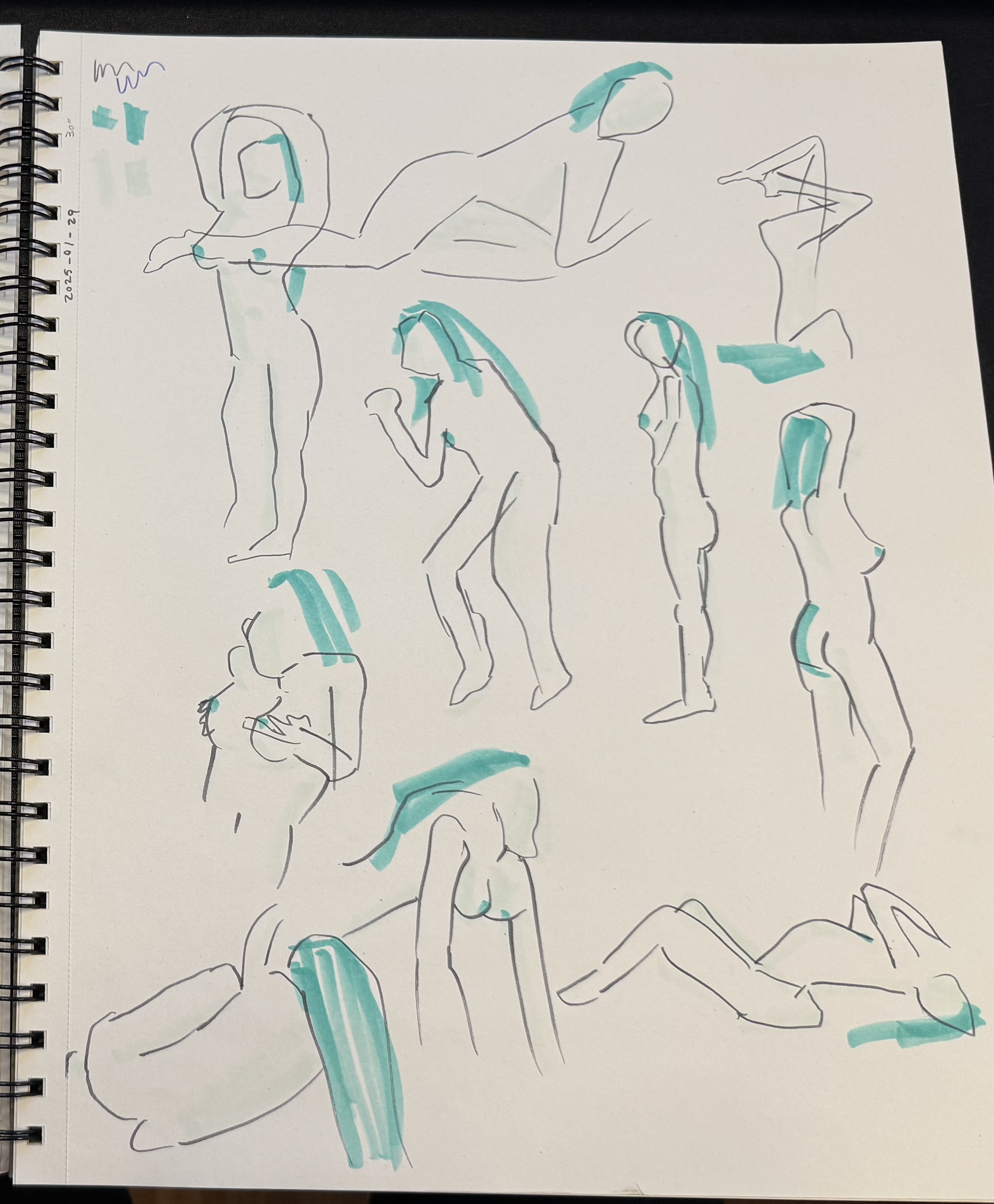 photo of my large sketchbook open a page of quick figures drawn with gray ink and then highlighted with two shades of turquoise alcohol marker