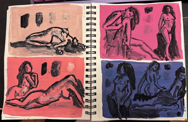 photo of my spiral sketchbook open to two pages of watercolor-on-gouache nude figure paintings. the background colors are pastel peach, bright coral and pink and indigo