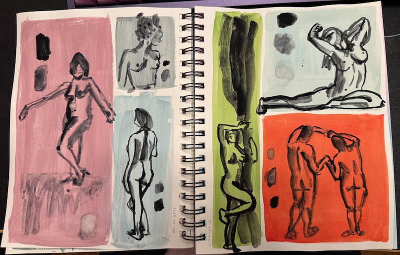 photo of my spiral sketchbook open to two pages of watercolor-on-gouache nude figure paintings. the background colors are pink, gray, blue, green and redorange