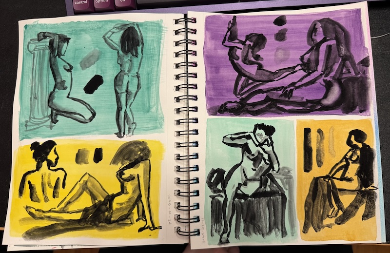 photo of my spiral sketchbook open to two pages of watercolor-on-gouache nude figure paintings. the background colors are teal, yellow and purple
