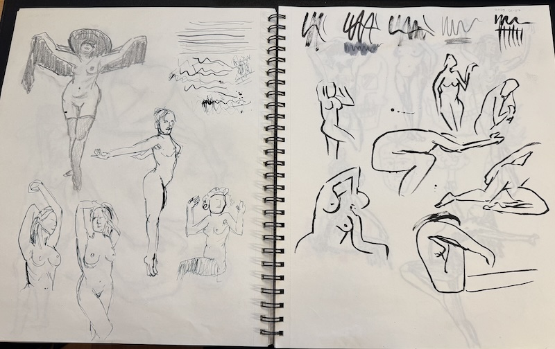 photo of my large sketchbook open to two pages of longer drawn figures. on the left page is graphite and dip pen with black ink. on the right page are quick sketches with brush ink.