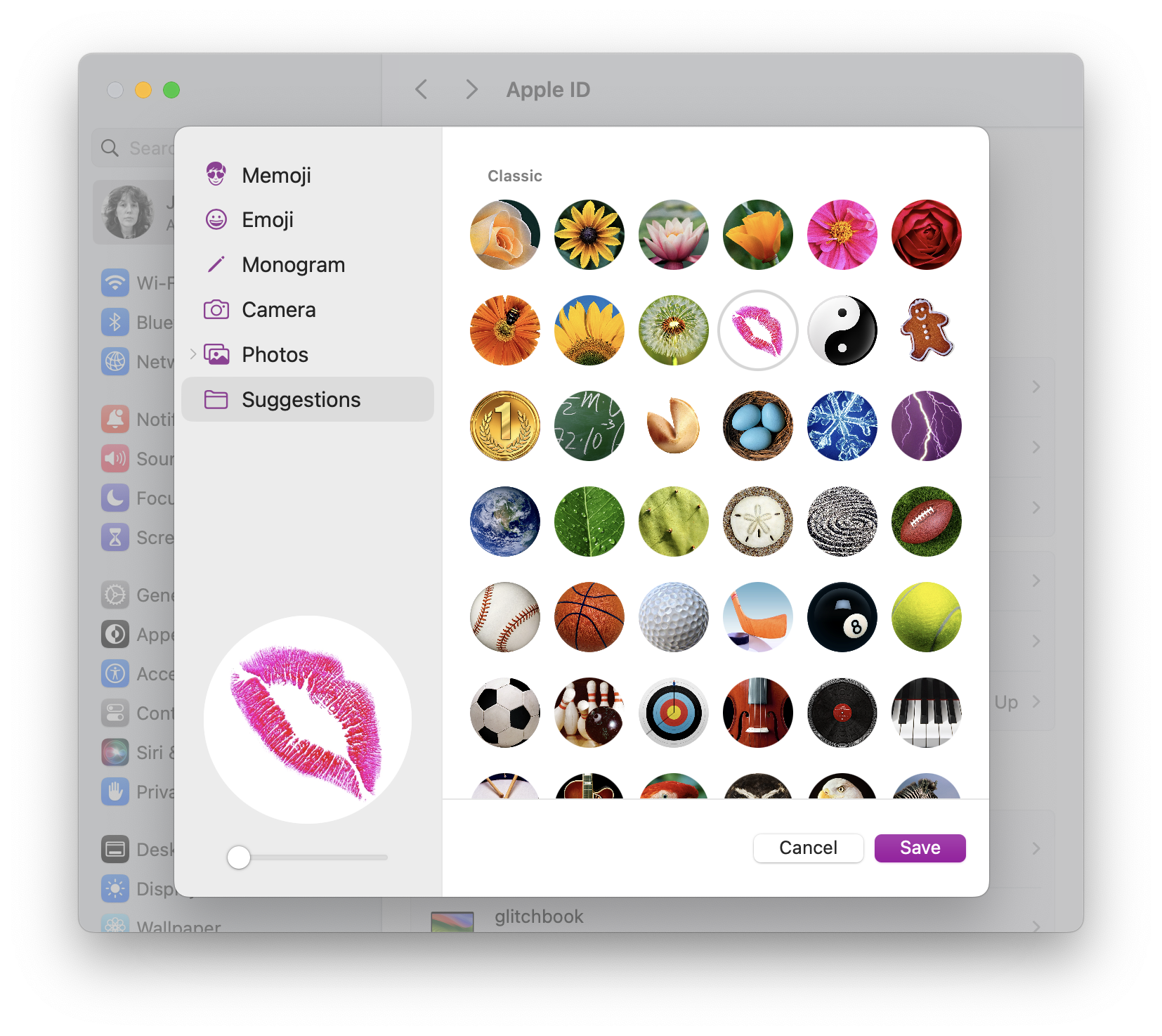 screenshot of my apple id settings showing the "suggestions" section of avatar choices and under "Classic" i have chosen the classic kissy lips