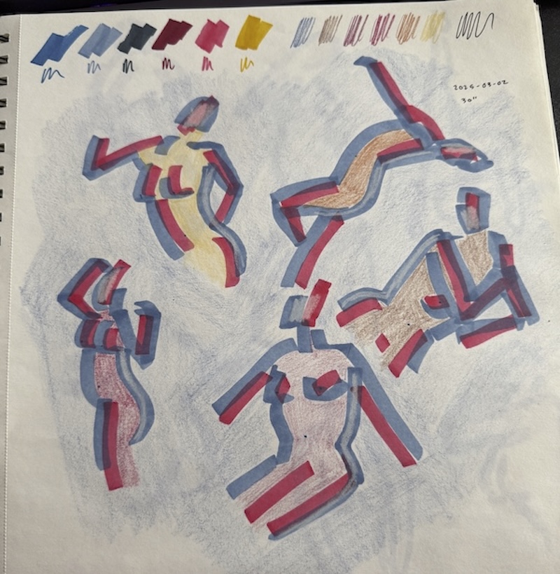 photo of my sketchbook showing a page of quick nude figure sketches in blue and red marker and i color penciled in and around it in similar colors