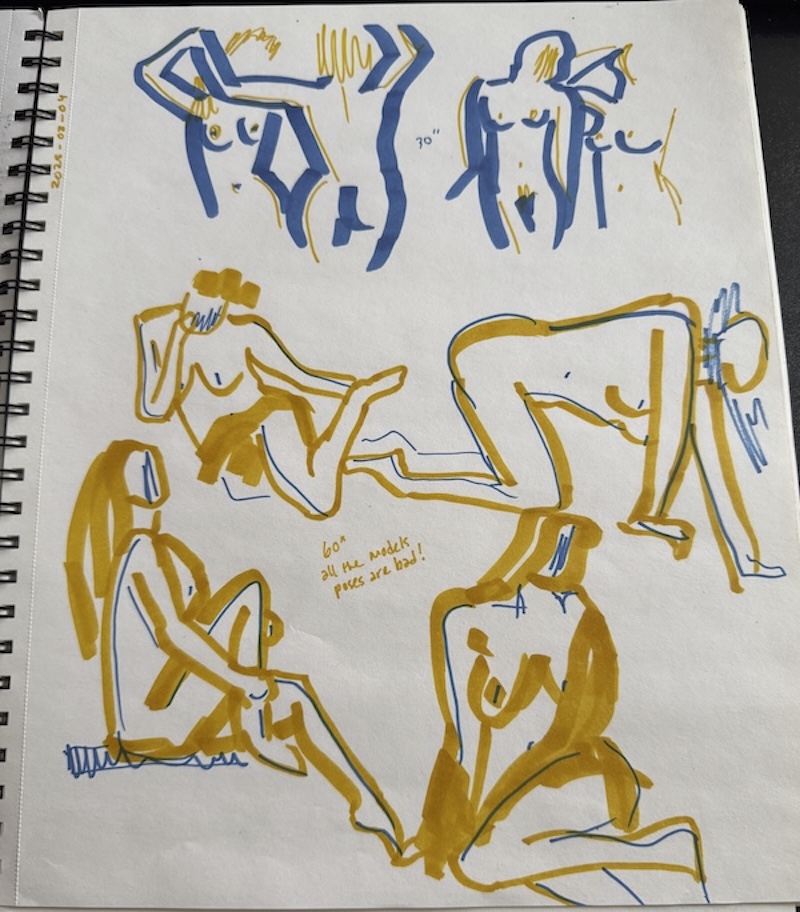 photo of a page of my sketchbook with a couple blue quick nude sketches and then some yellow sketches from longer poses that i thought were not great poses