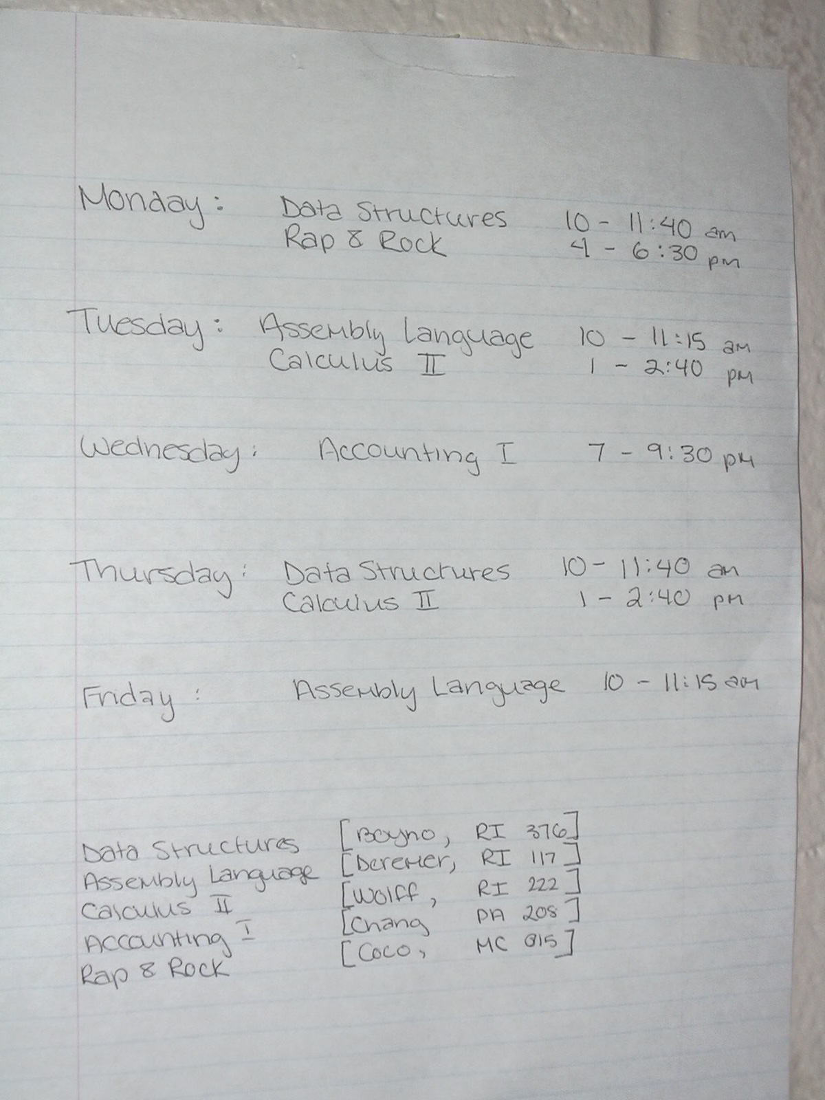 photo of a lined notebook paper taped on the wall. my classes listed were "data structures", "rap & rock", "assembly language", "calculus 2", and "accounting 1"