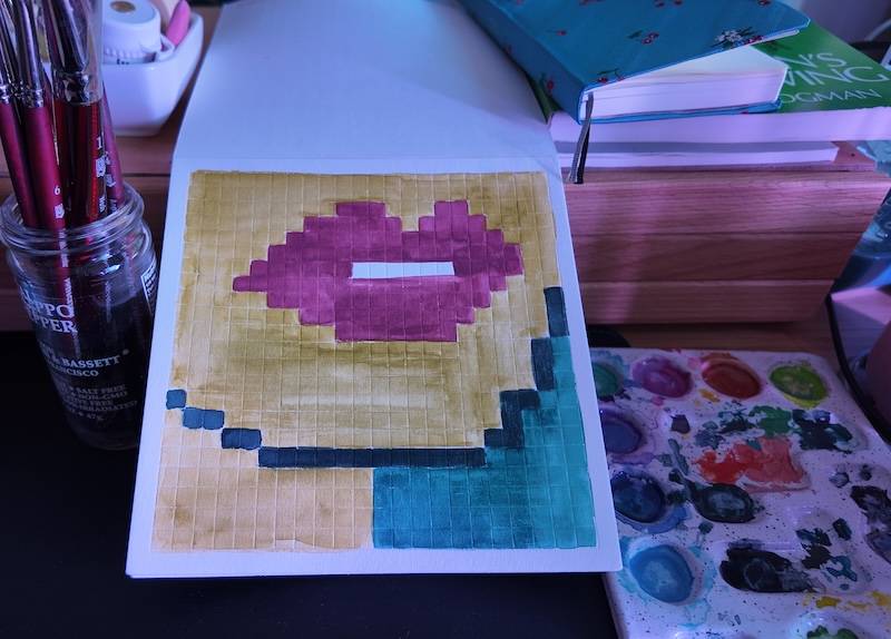 photo of pixel watercolor sketchbook on page 4, a pixel portrait of a woman's pink lips to her neck