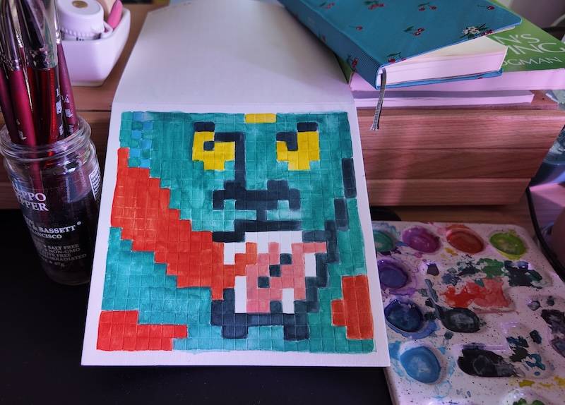 photo of pixel watercolor sketchbook on page 9, a pixel art take on a steiner grafitti painting, a teal tiger with mouth open and yellow eyes