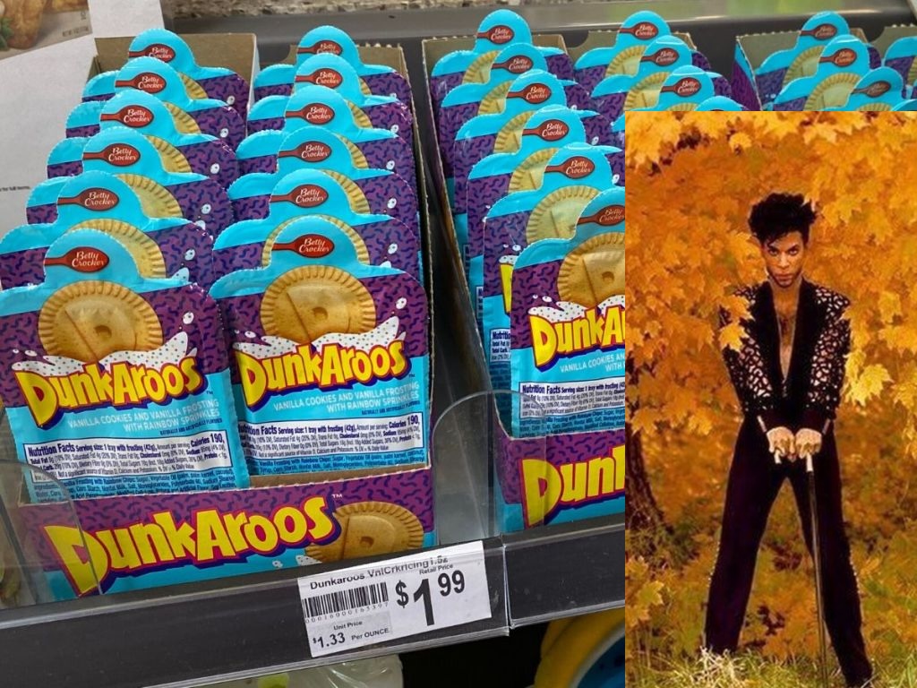 product photo showing dunkaroos and i pasted a photo of prince in a fall scene onto the bottom right of it