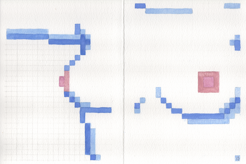 scan of a pixel art watercolor of breasts