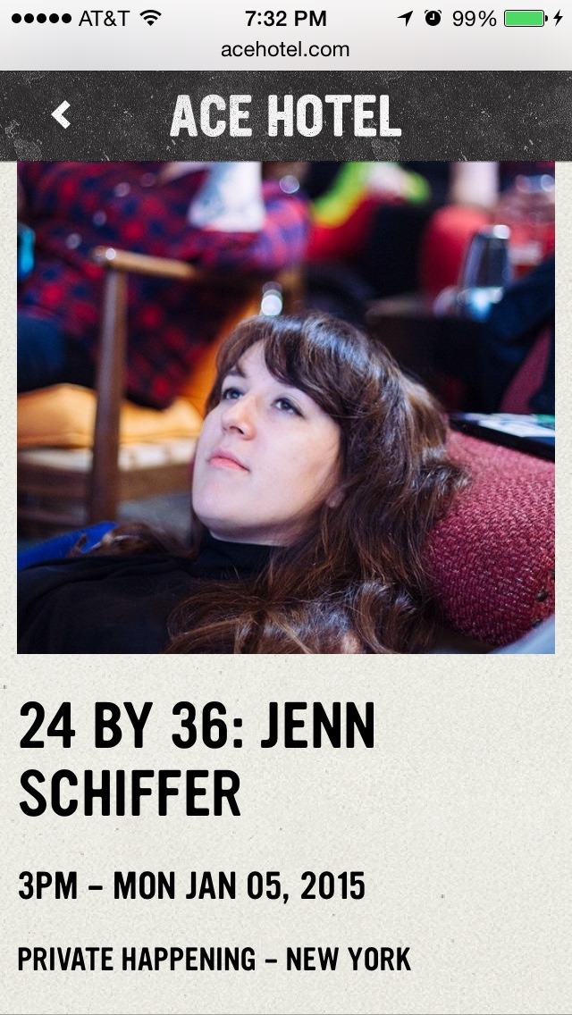 screenshot of the ace hotel events site listing for my residency there on january 5, 2015