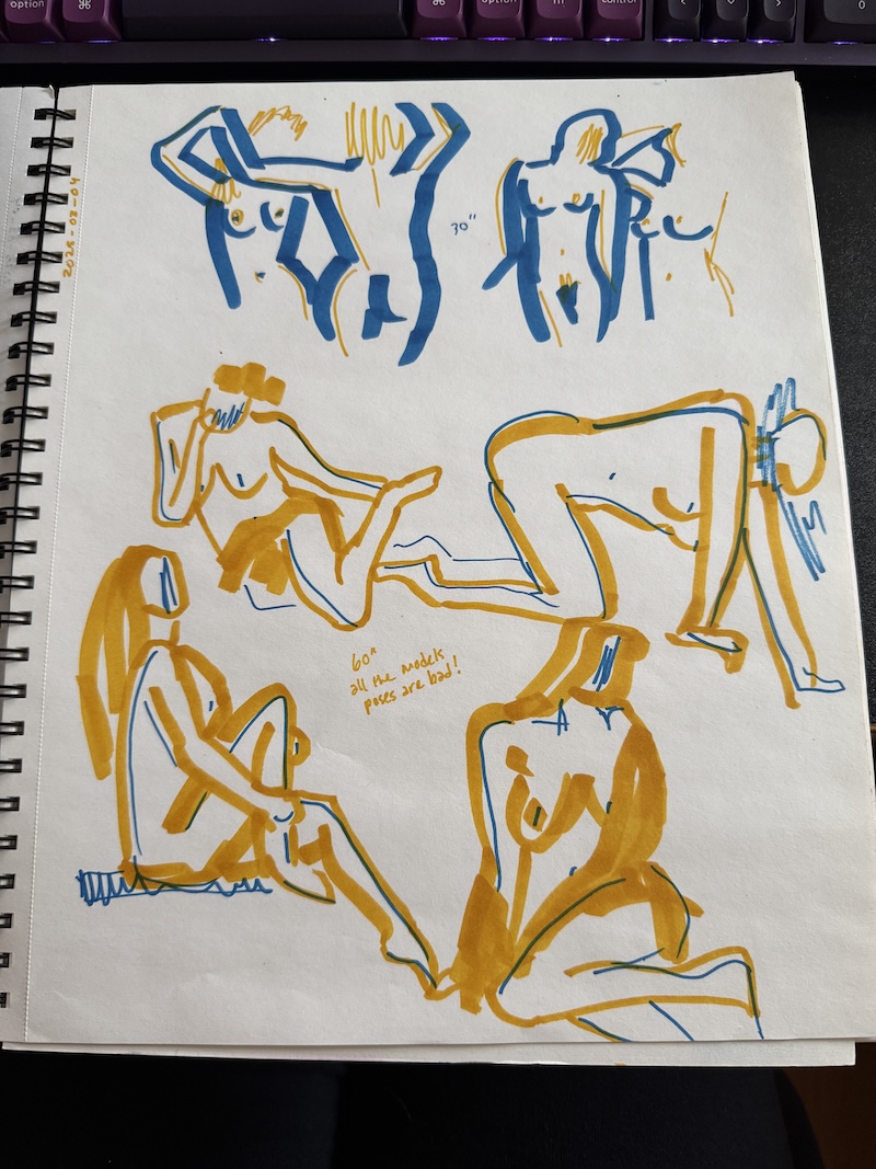 photo of some quick 30 second figure sketches i did in blue and goldenrod marker