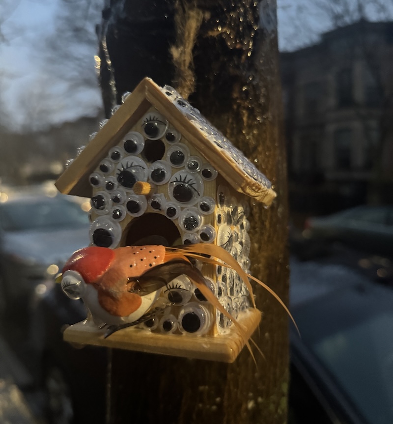 photo of a tiny birdhouse ornament on a tree and the bird and birdhouse are covered in googly eyes